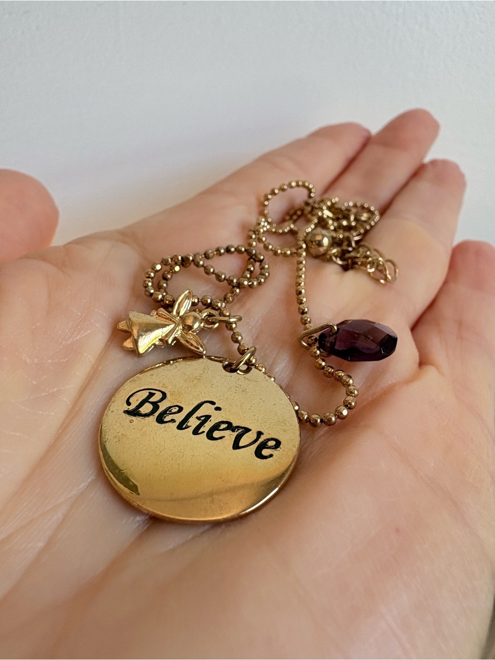 Avon Believe Croire Inspirational Pendant Necklace Angel Crystal Charms Gold NIB